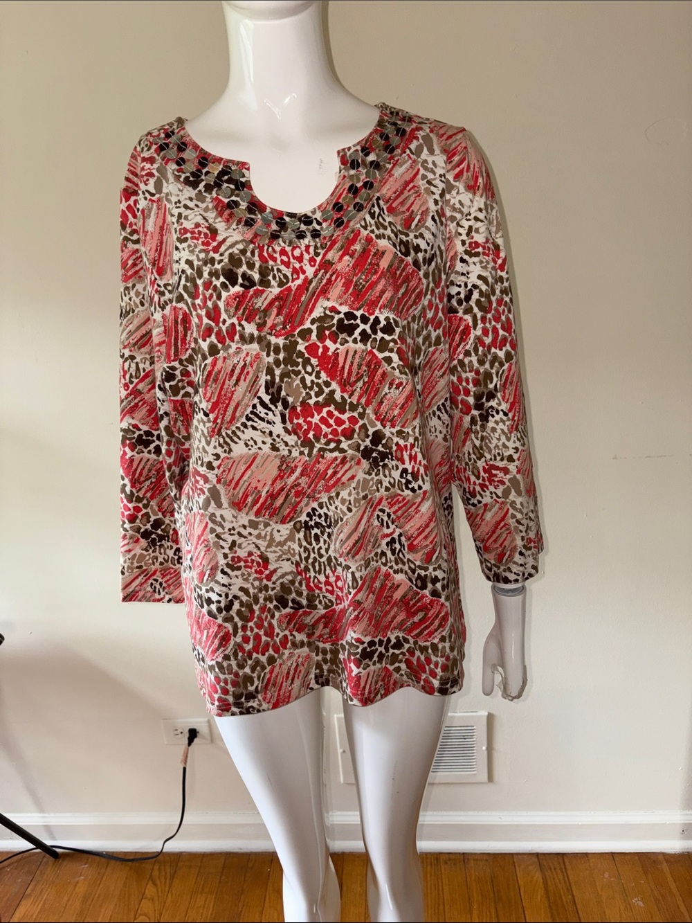 Kim Rogers Coral and Brown Printed Scoop Neck Long Sleeve Tee